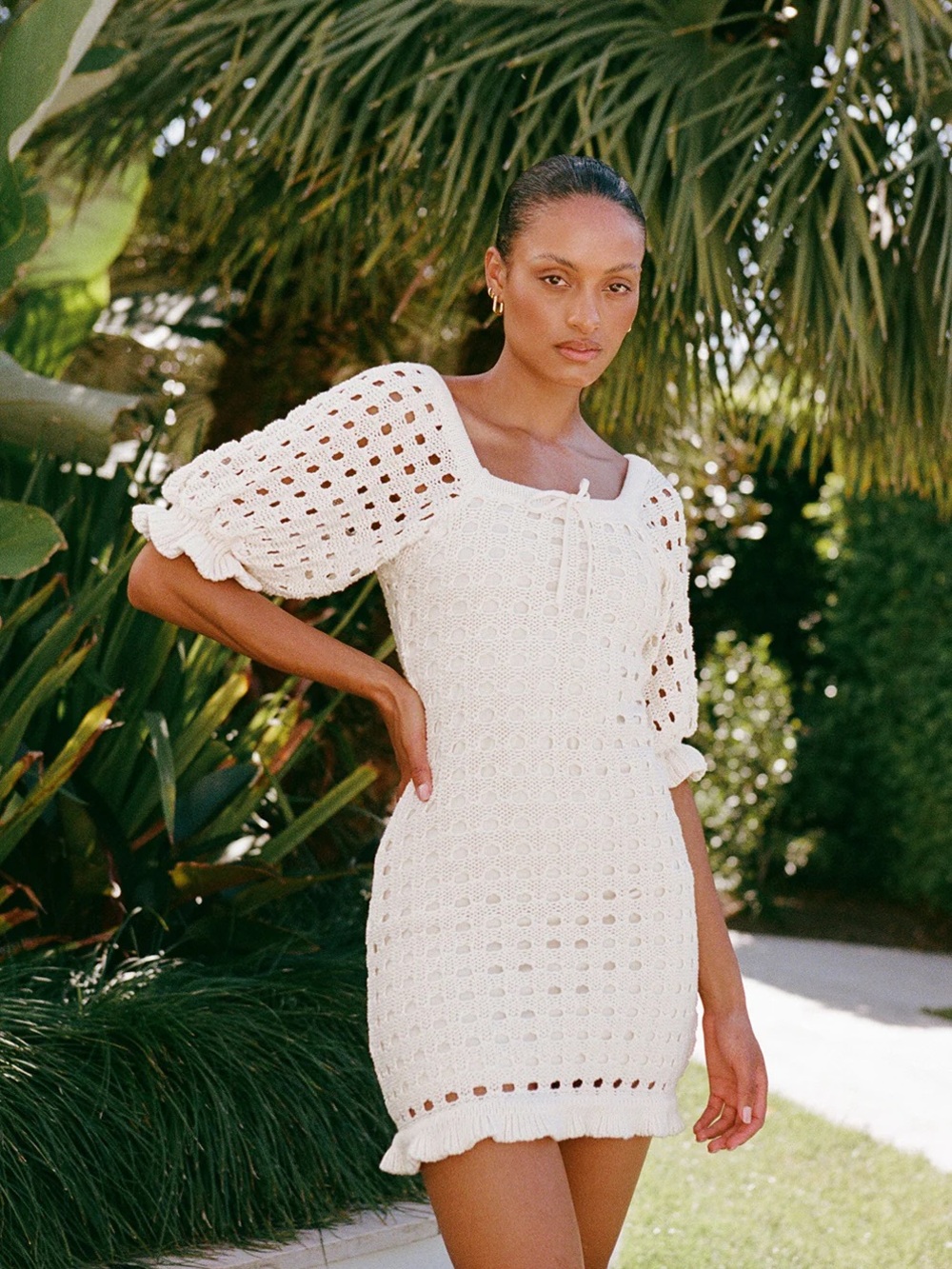 Sabo Skirt Aranza Knit Dress Cream Short Sleeve Small Knee Length Crochet
